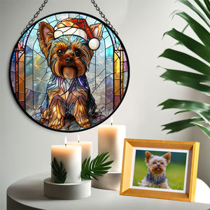 Christmas Dog Stained Glass Suncatcher | Unique Holiday Gift for Dog Lovers | Yorkshire Terrier