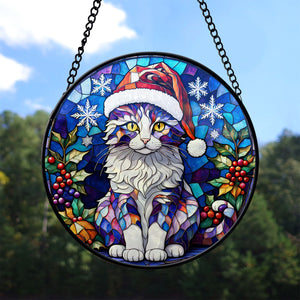 Christmas Cat Stained Glass Suncatcher | Unique Holiday Gift for Cat Lovers | American Curl Cat