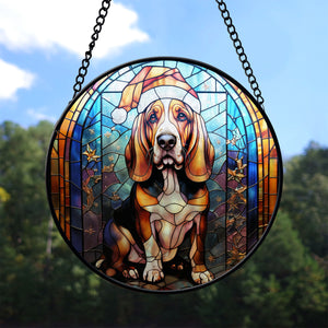 Christmas Dog Stained Glass Suncatcher | Unique Holiday Gift for Dog Lovers | Basset Hound