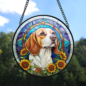 Beagle Stained Glass Suncatcher, Beagle Sunflower Suncatcher for Windows Stained Glass