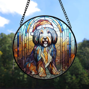 Christmas Dog Stained Glass Suncatcher | Unique Holiday Gift for Dog Lovers | Bearded Collie