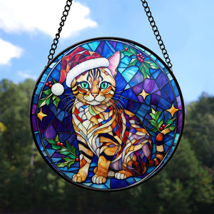 Christmas Cat Stained Glass Suncatcher | Unique Holiday Gift for Cat Lovers | Bengal Cat