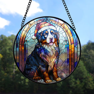 Christmas Dog Stained Glass Suncatcher | Unique Holiday Gift for Dog Lovers | Bernese Mountain