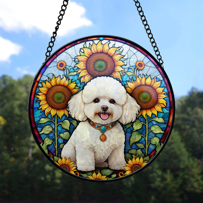 Bichon Frise Stained Glass Suncatcher, Bichon Frise Sunflower Suncatcher for Windows Stained Glass