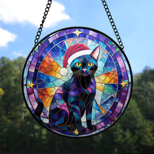 Christmas Cat Stained Glass Suncatcher | Unique Holiday Gift for Cat Lovers | Bombay Cat 01