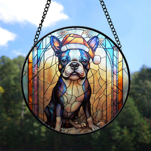 Christmas Dog Stained Glass Suncatcher | Unique Holiday Gift for Dog Lovers | Boston Terrier