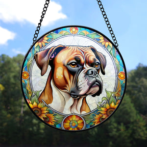 Boxer Dog Stained Glass Suncatcher, Boxer Dog Sunflower Suncatcher for Windows Stained Glass