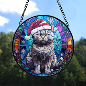 Christmas Cat Stained Glass Suncatcher | Unique Holiday Gift for Cat Lovers | British Shorthair Cat