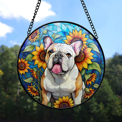 Bulldog Stained Glass Suncatcher, Bulldog Sunflower Suncatcher for Windows Stained Glass