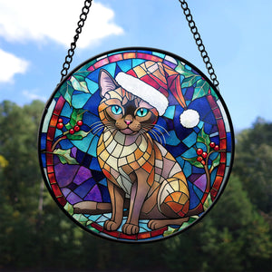 Christmas Cat Stained Glass Suncatcher | Unique Holiday Gift for Cat Lovers | Burmese Cat