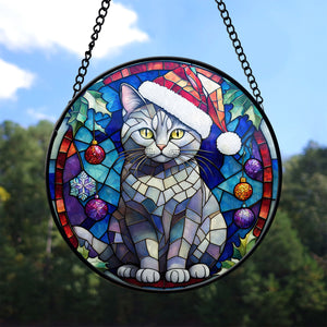 Christmas Cat Stained Glass Suncatcher | Unique Holiday Gift for Cat Lovers | Chartreux Cat