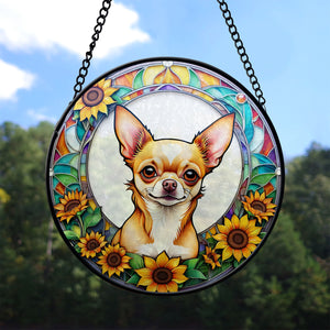 Chihuahua Stained Glass Suncatcher, Chihuahua Sunflower Suncatcher for Windows Stained Glass