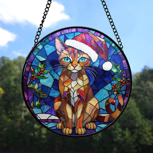 Christmas Cat Stained Glass Suncatcher | Unique Holiday Gift for Cat Lovers | Abyssinian Cat