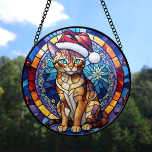 Christmas Cat Stained Glass Suncatcher | Unique Holiday Gift for Cat Lovers | Chausie Cat