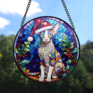 Christmas Cat Stained Glass Suncatcher | Unique Holiday Gift for Cat Lovers | Cornish Rex Cat