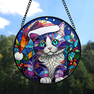 Christmas Cat Stained Glass Suncatcher | Unique Holiday Gift for Cat Lovers | Cymric Cat