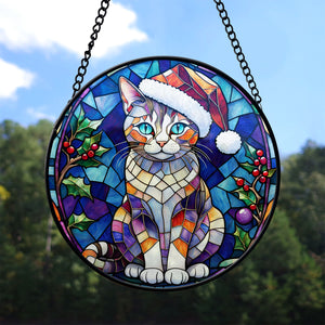 Christmas Cat Stained Glass Suncatcher | Unique Holiday Gift for Cat Lovers | European Shorthair Cat