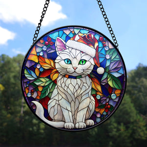 Christmas Cat Stained Glass Suncatcher | Unique Holiday Gift for Cat Lovers | Manee Cat