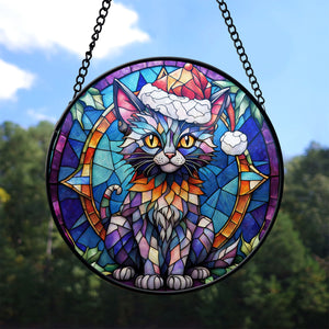 Christmas Cat Stained Glass Suncatcher | Unique Holiday Gift for Cat Lovers | Lykoi Cat