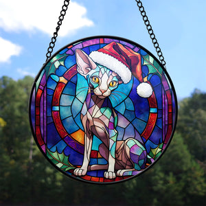 Christmas Cat Stained Glass Suncatcher | Unique Holiday Gift for Cat Lovers | Peterbald Cat