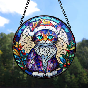 Christmas Cat Stained Glass Suncatcher | Unique Holiday Gift for Cat Lovers | Pixie-bob Cat