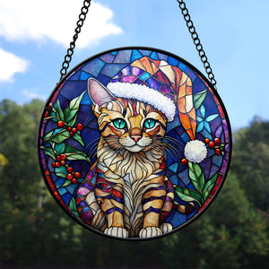 Christmas Cat Stained Glass Suncatcher | Unique Holiday Gift for Cat Lovers | Savannah Cat