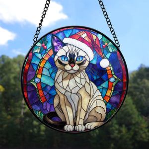 Christmas Cat Stained Glass Suncatcher | Unique Holiday Gift for Cat Lovers | Siamese Cat