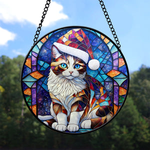 Christmas Cat Stained Glass Suncatcher | Unique Holiday Gift for Cat Lovers | Snowshoe Cat