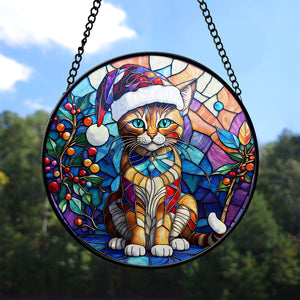 Christmas Cat Stained Glass Suncatcher | Unique Holiday Gift for Cat Lovers | Sokoke Cat