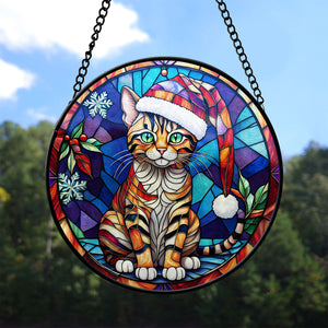 Christmas Cat Stained Glass Suncatcher | Unique Holiday Gift for Cat Lovers | Toyger Cat