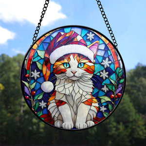 Christmas Cat Stained Glass Suncatcher | Unique Holiday Gift for Cat Lovers | Turkish Van Cat