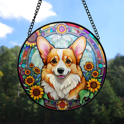 Corgi Stained Glass Suncatcher, Corgi Sunflower Suncatcher for Windows Stained Glass