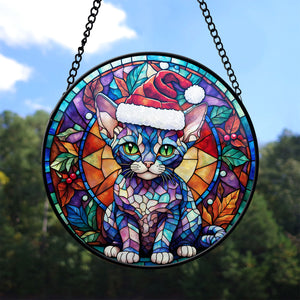 Christmas Cat Stained Glass Suncatcher | Unique Holiday Gift for Cat Lovers | Devon Rex Cat