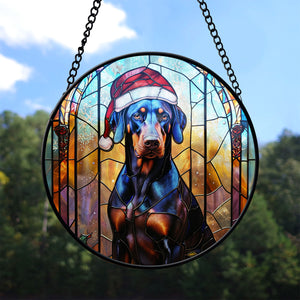 Christmas Dog Stained Glass Suncatcher | Unique Holiday Gift for Dog Lovers | Doberman