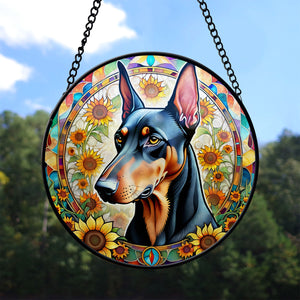 Doberman Stained Glass Suncatcher, Doberman Sunflower Suncatcher for Windows Stained Glass