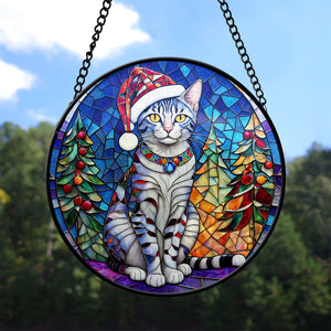 Christmas Cat Stained Glass Suncatcher | Unique Holiday Gift for Cat Lovers | Egyptian Mau Cat