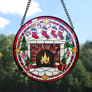 Fireplace With Stockings Stained Glass Suncatcher, Fireplace With Stockings Suncatcher for Windows Stained Glass