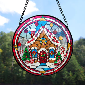 Gingerbread & House Stained Glass Suncatcher, Gingerbread & House Suncatcher for Windows Stained Glass A02