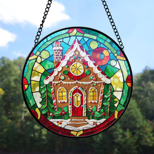 Gingerbread House Stained Glass Suncatcher, Gingerbread House Suncatchers for Windows Stained Glass