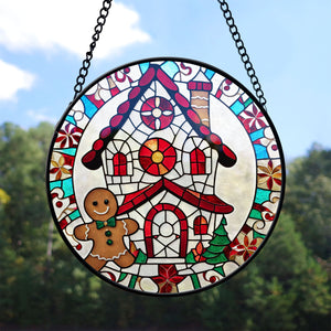 Gingerbread & House Stained Glass Suncatcher, Gingerbread & House Suncatcher for Windows Stained Glass