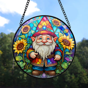 Gnome Stained Glass Suncatcher, Gnome Sunflower Suncatcher for Windows Stained Glass