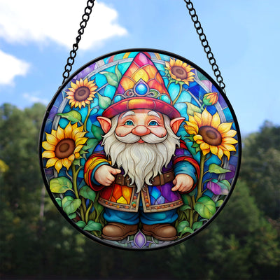 Gnome Stained Glass Suncatcher, Gnome Sunflower Suncatcher for Windows Stained Glass