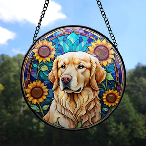 Golden Retriever Stained Glass Suncatcher, Golden Retriever Sunflower Suncatcher for Windows Stained Glass