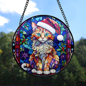 Christmas Cat Stained Glass Suncatcher | Unique Holiday Gift for Cat Lovers | LaPerm Cat