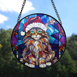 Christmas Cat Stained Glass Suncatcher | Unique Holiday Gift for Cat Lovers | Maine Coon Cat