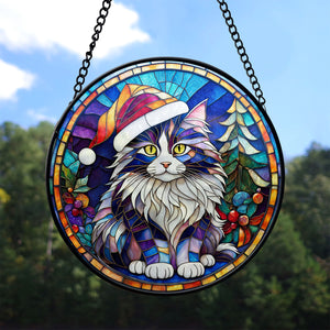 Christmas Cat Stained Glass Suncatcher | Unique Holiday Gift for Cat Lovers | Norwegian Forest Cat