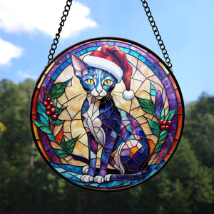 Christmas Cat Stained Glass Suncatcher | Unique Holiday Gift for Cat Lovers |Oriental Shorthair Cat