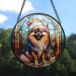 Christmas Dog Stained Glass Suncatcher | Unique Holiday Gift for Dog Lovers | Pomeranian