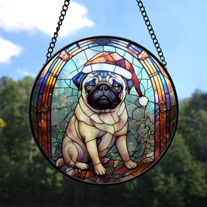 Christmas Dog Stained Glass Suncatcher | Unique Holiday Gift for Dog Lovers | Pug