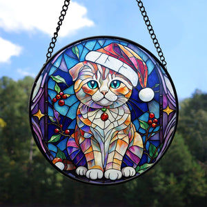 Christmas Cat Stained Glass Suncatcher | Unique Holiday Gift for Cat Lovers | Scottish Fold Cat